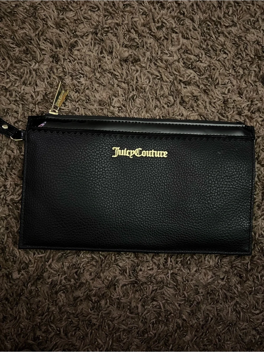 Juicy Couture Black Leather Zip Wristlet with Gold Logo